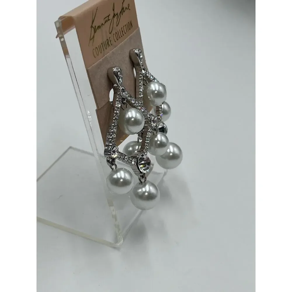 Kenneth‎ Jay Lane White Pearl Crystal Silver Tone Chandelier Clip Earrings New - Picture 8 of 14